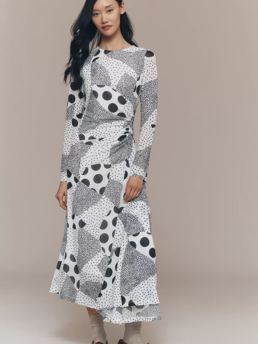 By Anthropologie Long-Sleeve Ruched Mesh Midi Dress Black & White Polka Dot nwt